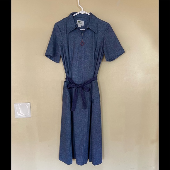 Vintage 70s Retro Blue Dagger Collar Zip Tribute Dress - Picture 2 of 6